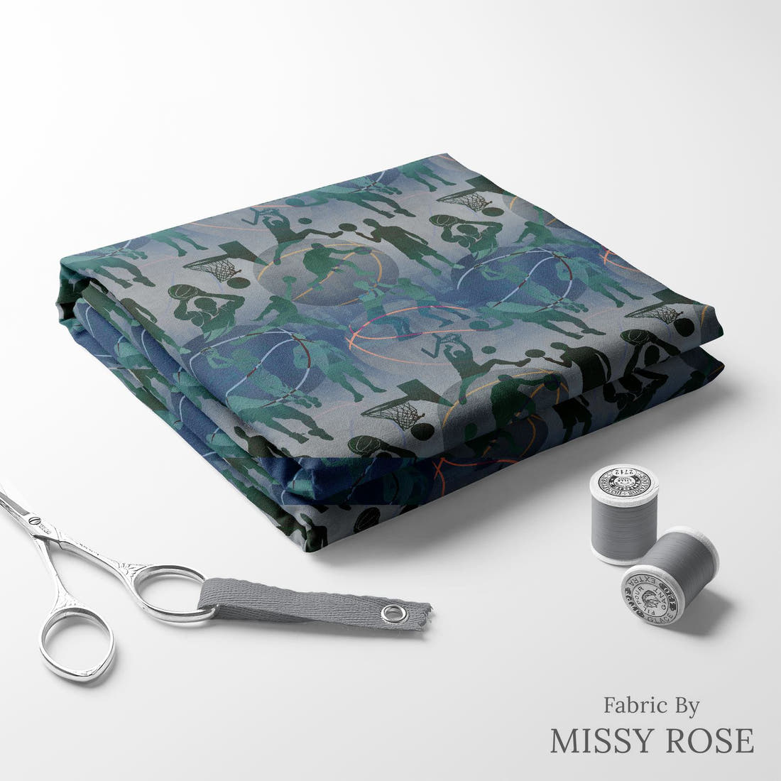 Design 619 Basketball Fabric folded fabric stack with matching thread – pre-order fabric Australia | Fabric by Missy Rose
