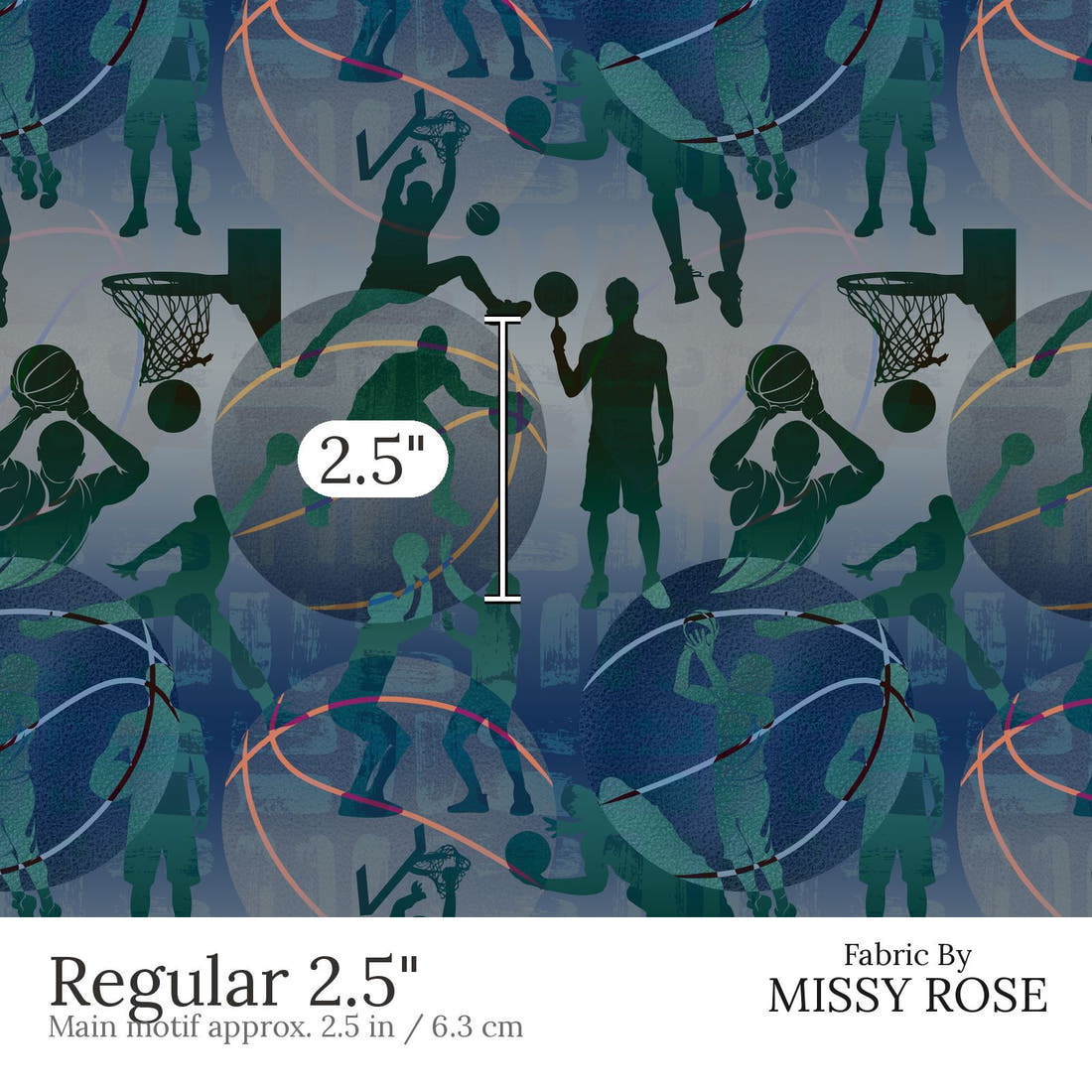 Design 619 Basketball Fabric Regular 2.5 inch print scale guide | Fabric by Missy Rose