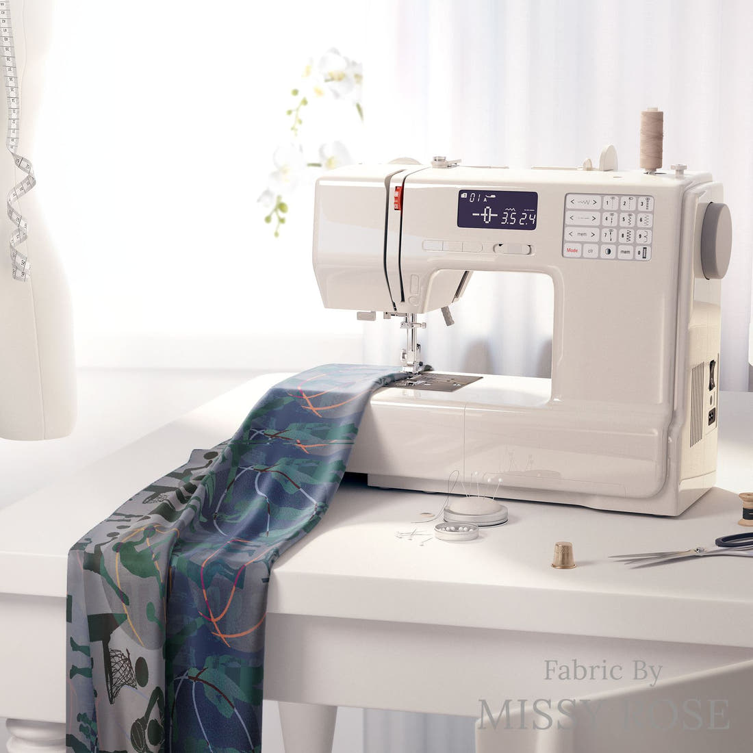 Design 619 Basketball Fabric on a sewing machine – premium fabric for sewing projects | Fabric by Missy Rose
