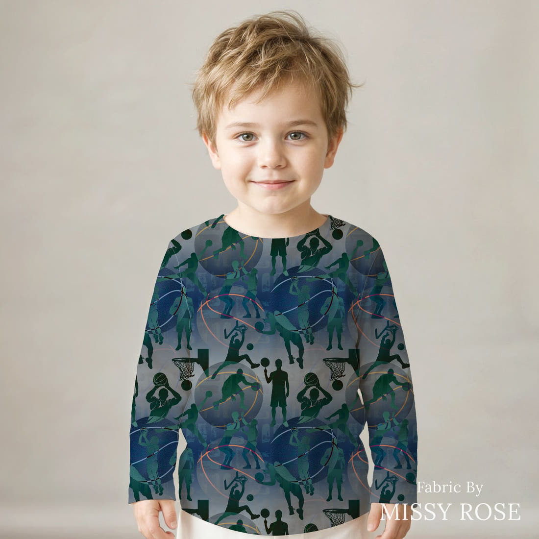 Design 619 Basketball Fabric sewn into a kids' long sleeve top – see how the print looks made up | Fabric by Missy Rose