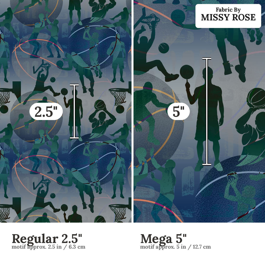 Design 619 Basketball Fabric size comparison - print scale | Fabric by Missy Rose