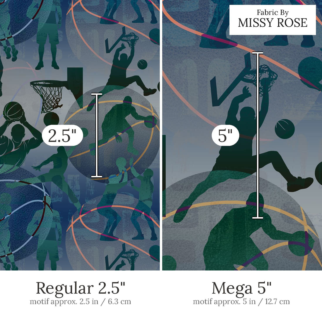 Design 619 Basketball Fabric Regular 2.5 inch vs Mega 5 inch print scale side by side | Fabric by Missy Rose
