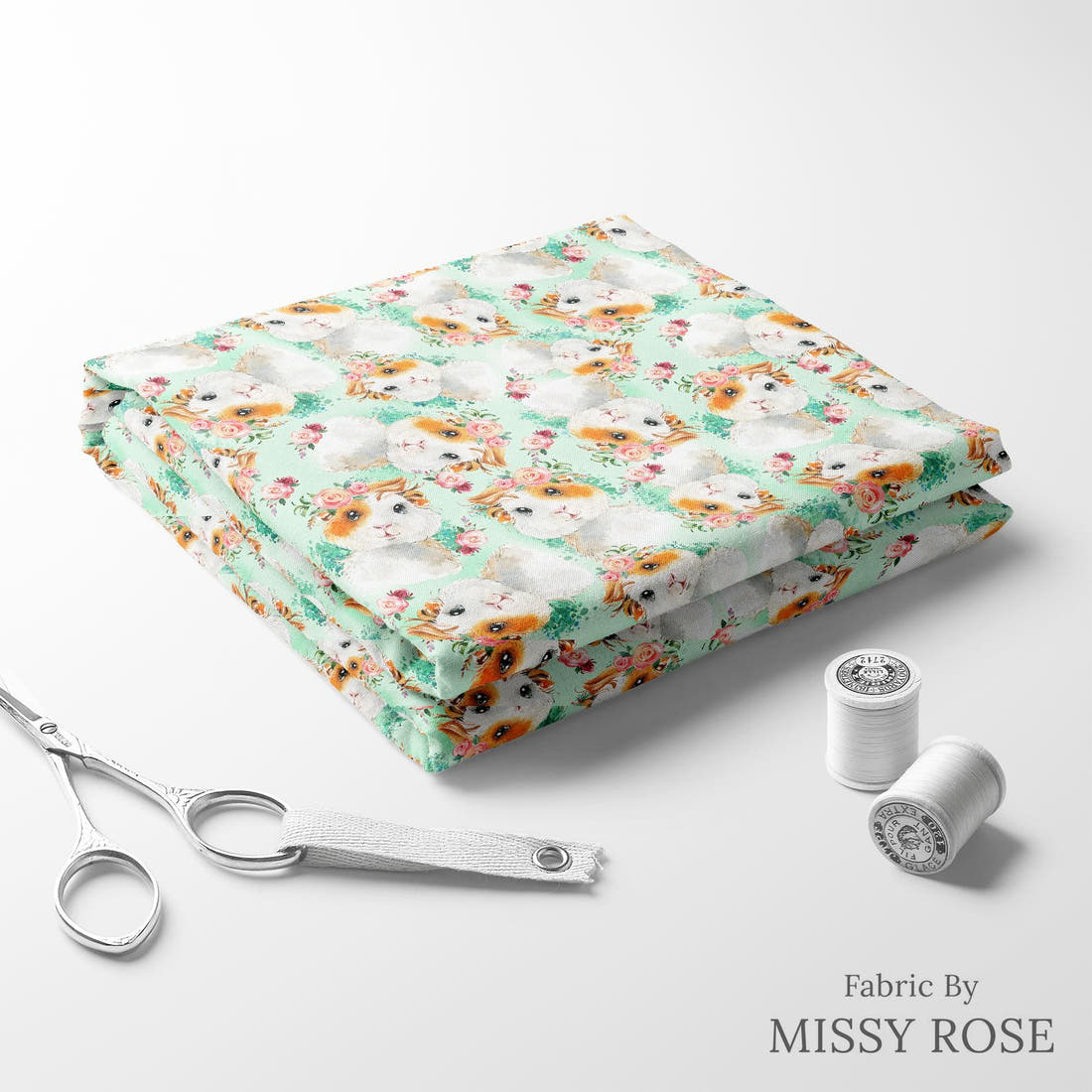 Design 62 Guinea Pig Fabric folded fabric stack with matching thread – pre-order fabric Australia | Fabric by Missy Rose