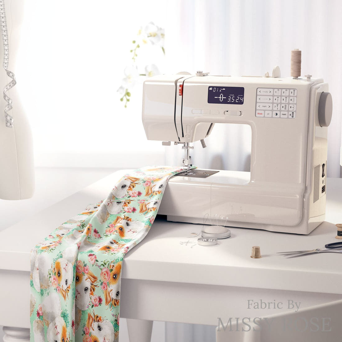 Design 62 Guinea Pig Fabric on a sewing machine – premium fabric for sewing projects | Fabric by Missy Rose