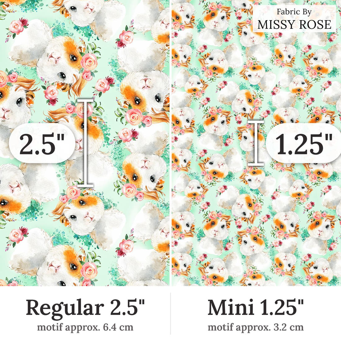 Design 62 Guinea Pig Fabric Regular 2.5 inch vs Mini 1.25 inch print scale side by side | Fabric by Missy Rose