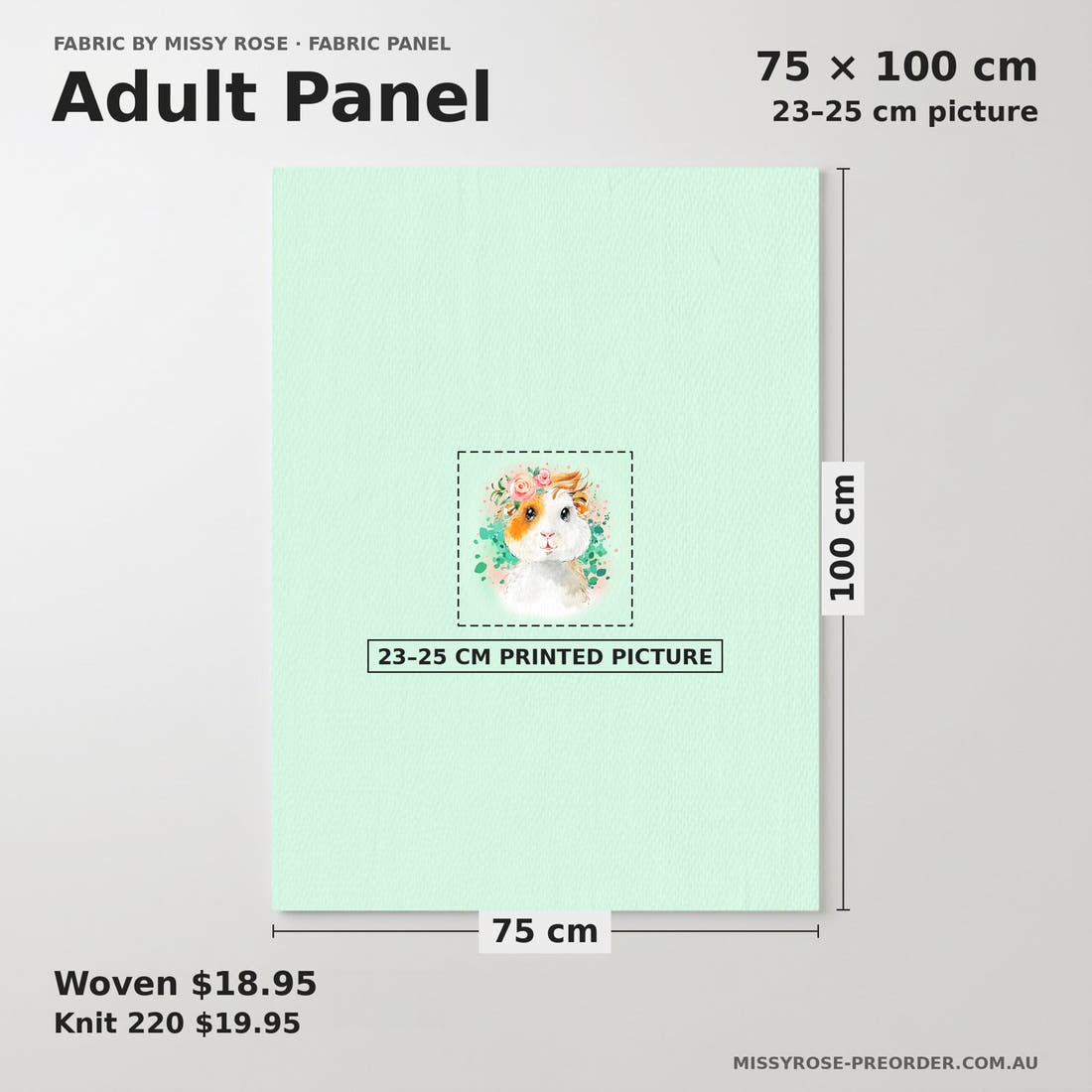 Design 62 Guinea Pig Panel adult panel sizing – 23–25 cm printed picture on 75 × 100 cm fabric | Fabric by Missy Rose