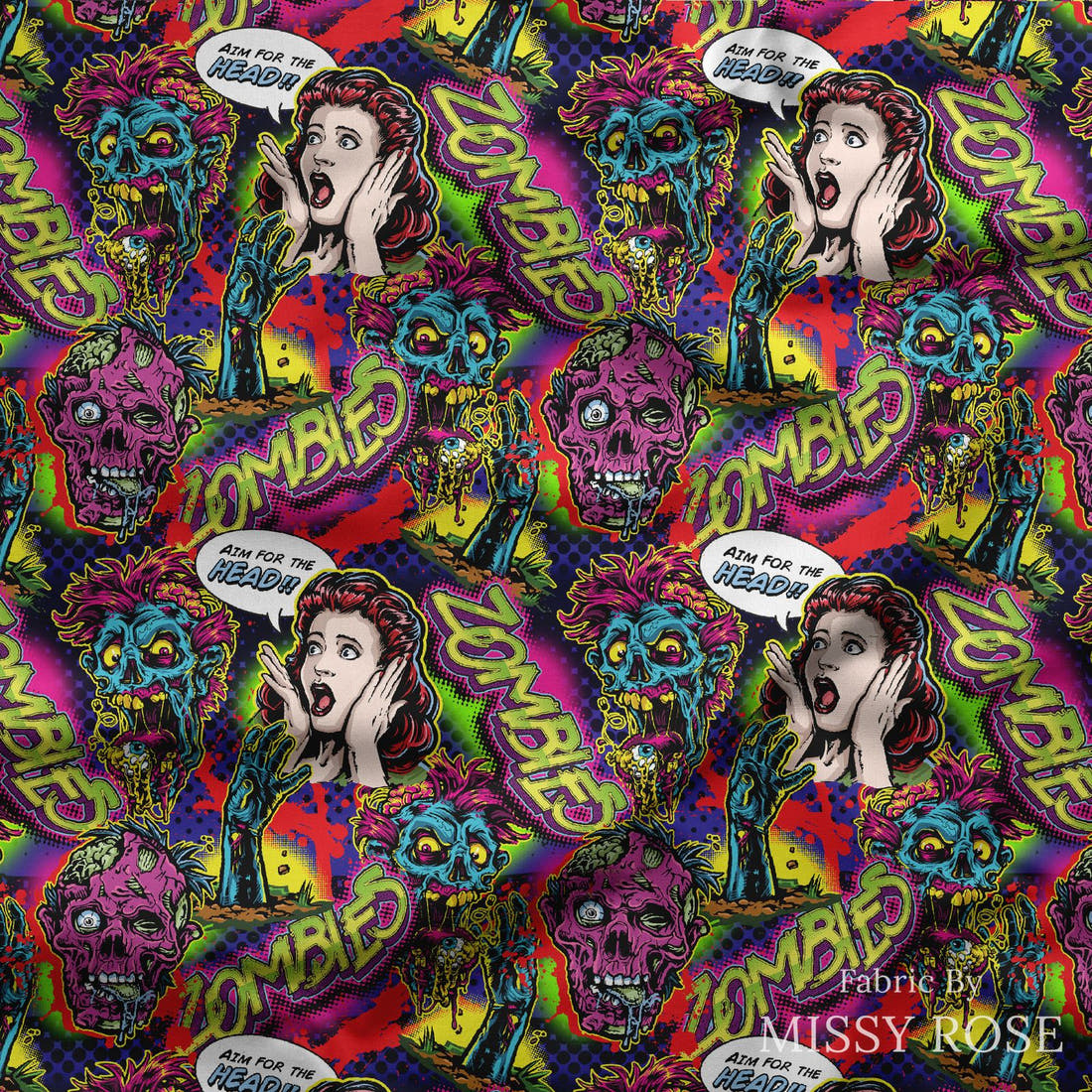 Design 620 Comic Zombie Fabric draped fabric mockup – custom printed fabric by the metre | Fabric by Missy Rose