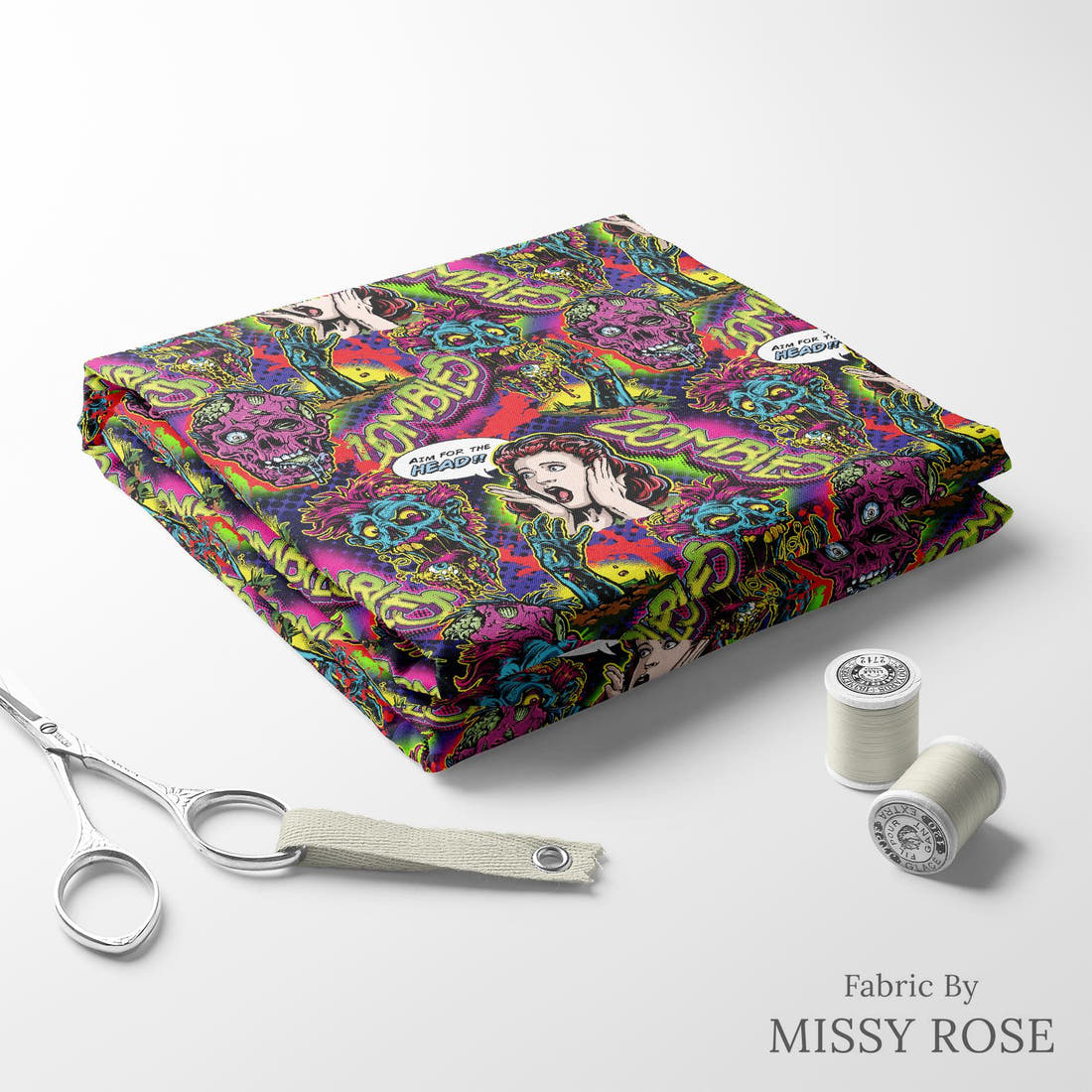 Design 620 Comic Zombie Fabric folded fabric stack with matching thread – pre-order fabric Australia | Fabric by Missy Rose
