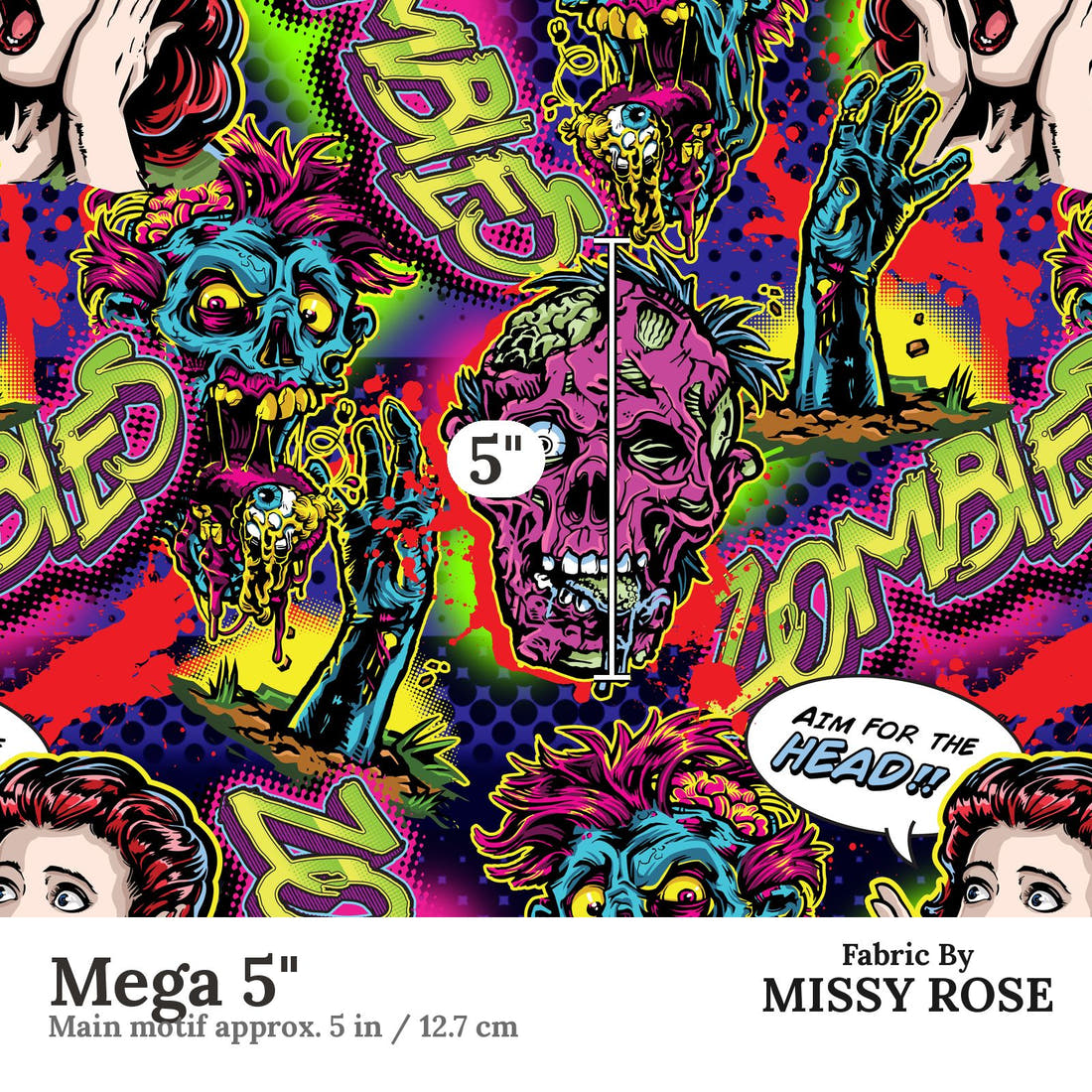 Design 620 Comic Zombie Fabric Mega 5" - print scale | Fabric by Missy Rose