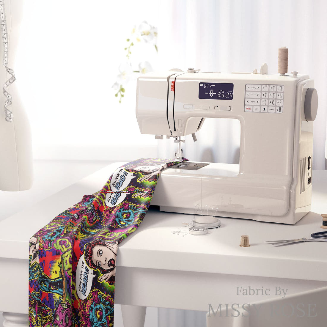 Design 620 Comic Zombie Fabric on a sewing machine – premium fabric for sewing projects | Fabric by Missy Rose