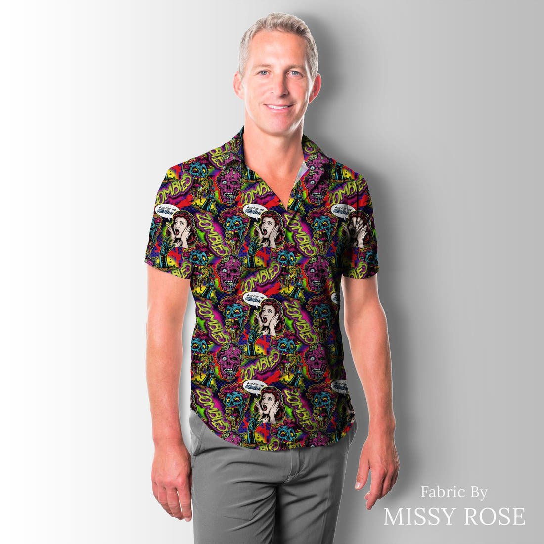 Design 620 Comic Zombie Fabric sewn into a men's shirt – see how the print looks made up | Fabric by Missy Rose