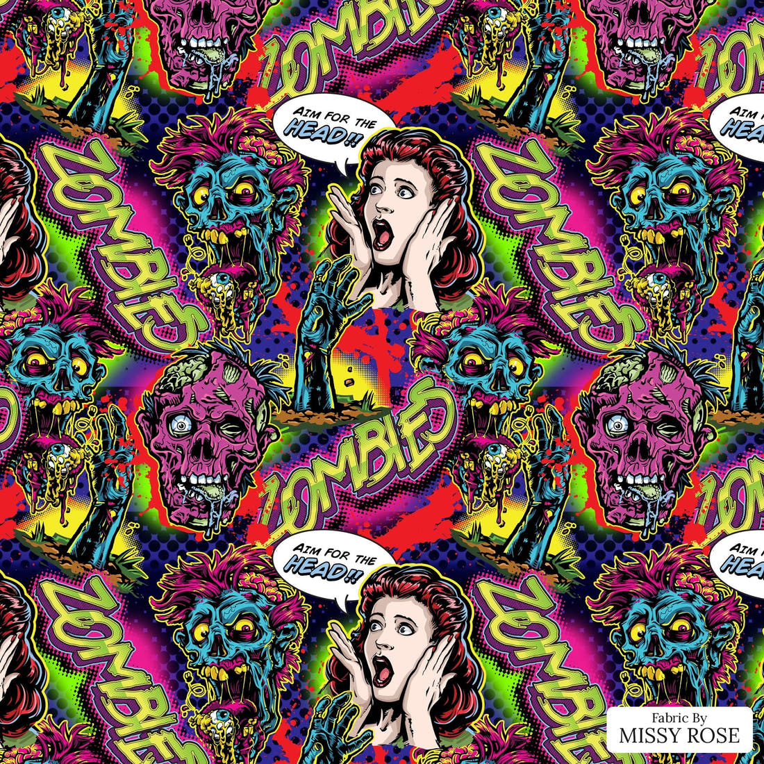 Design 620 Comic Zombie Fabric - flat view of the print, zoom in for detail | Fabric by Missy Rose