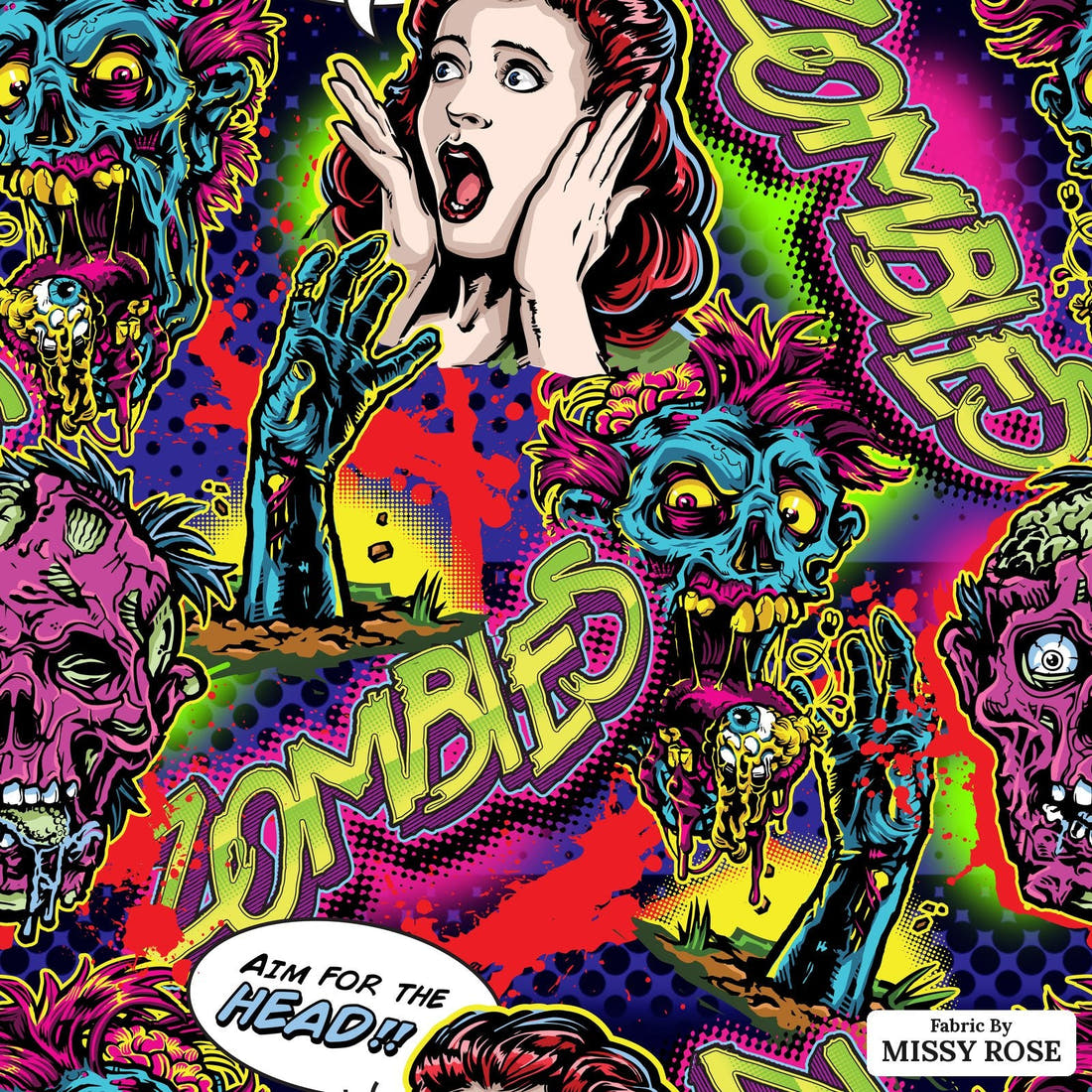 Design 620 Comic Zombie Fabric - flat view of the print, zoom in for detail | Fabric by Missy Rose