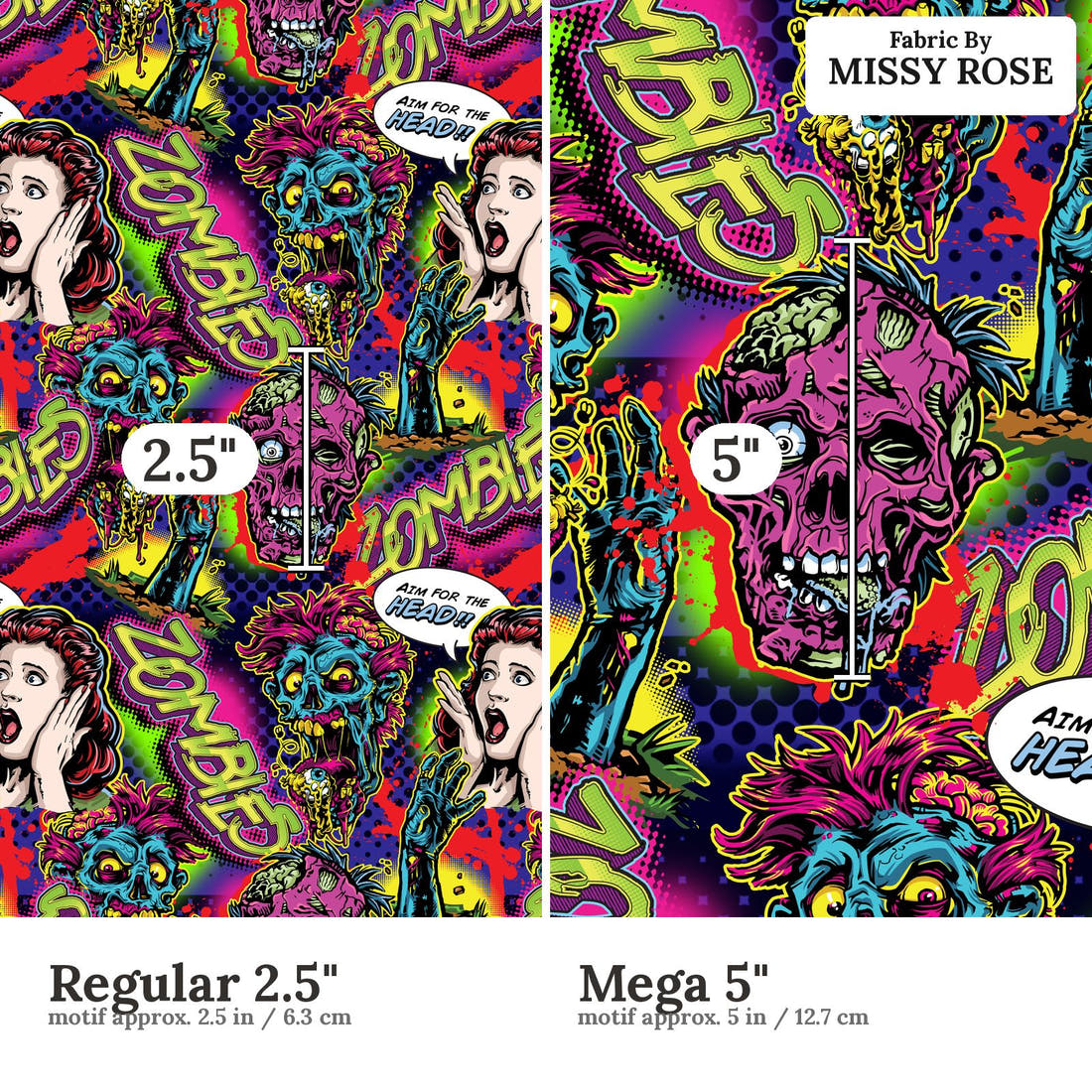 Design 620 Comic Zombie Fabric size comparison - print scale | Fabric by Missy Rose
