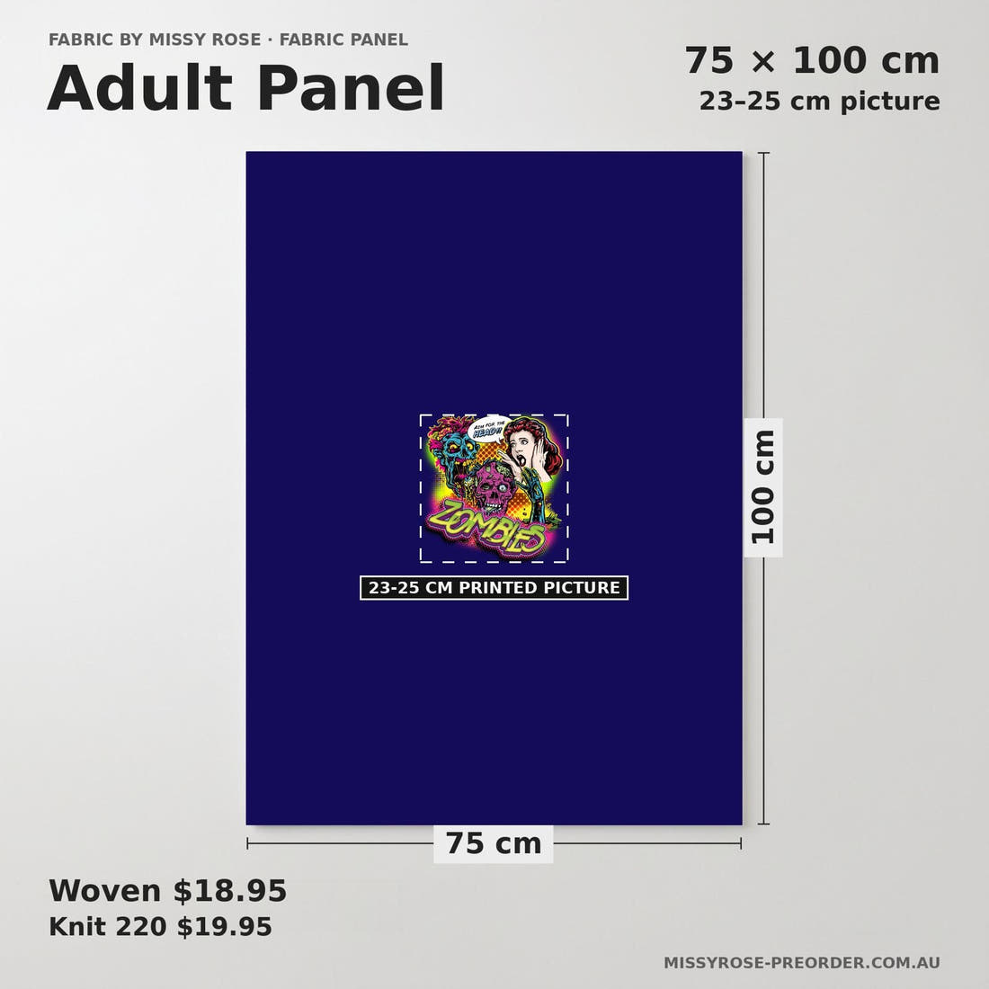 Design 620 Comic Zombie Panel adult panel sizing – 23–25 cm printed picture on 75 × 100 cm fabric | Fabric by Missy Rose