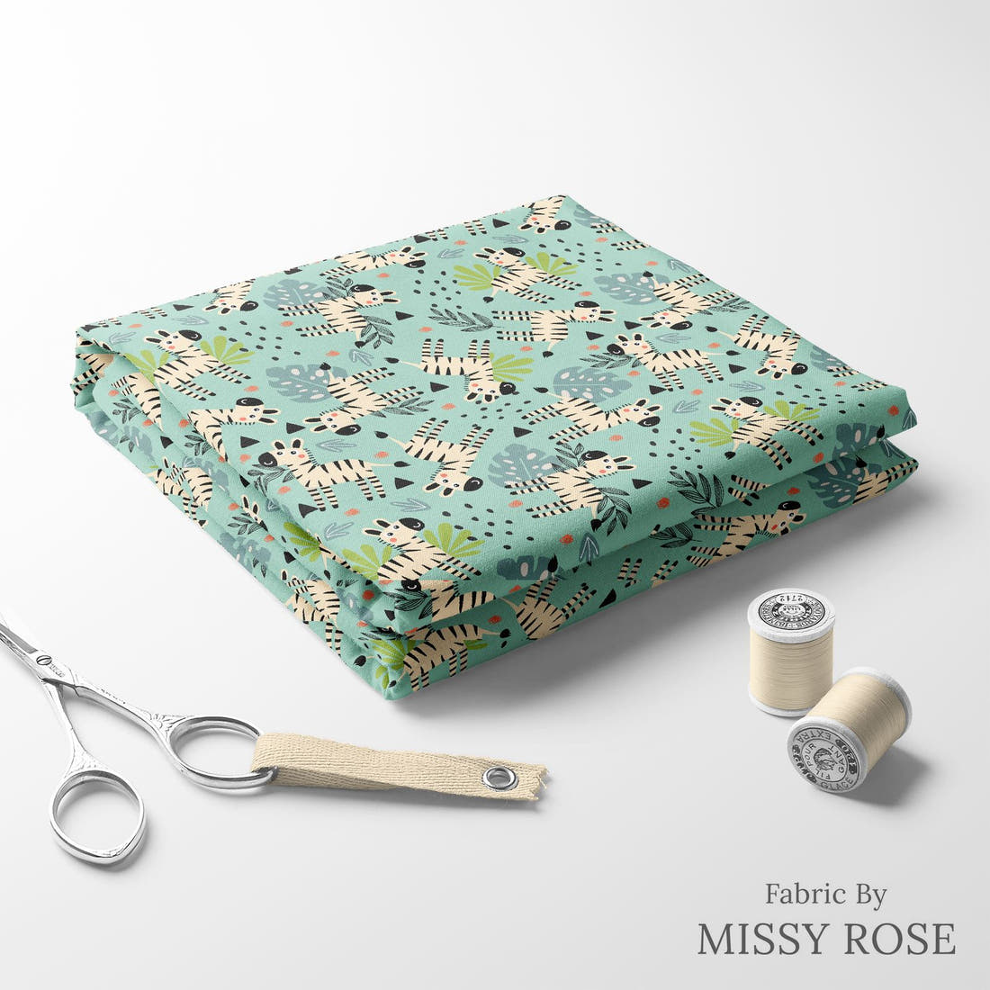 Design 621 Teal Zebra Fabric folded fabric stack with matching thread – pre-order fabric Australia | Fabric by Missy Rose