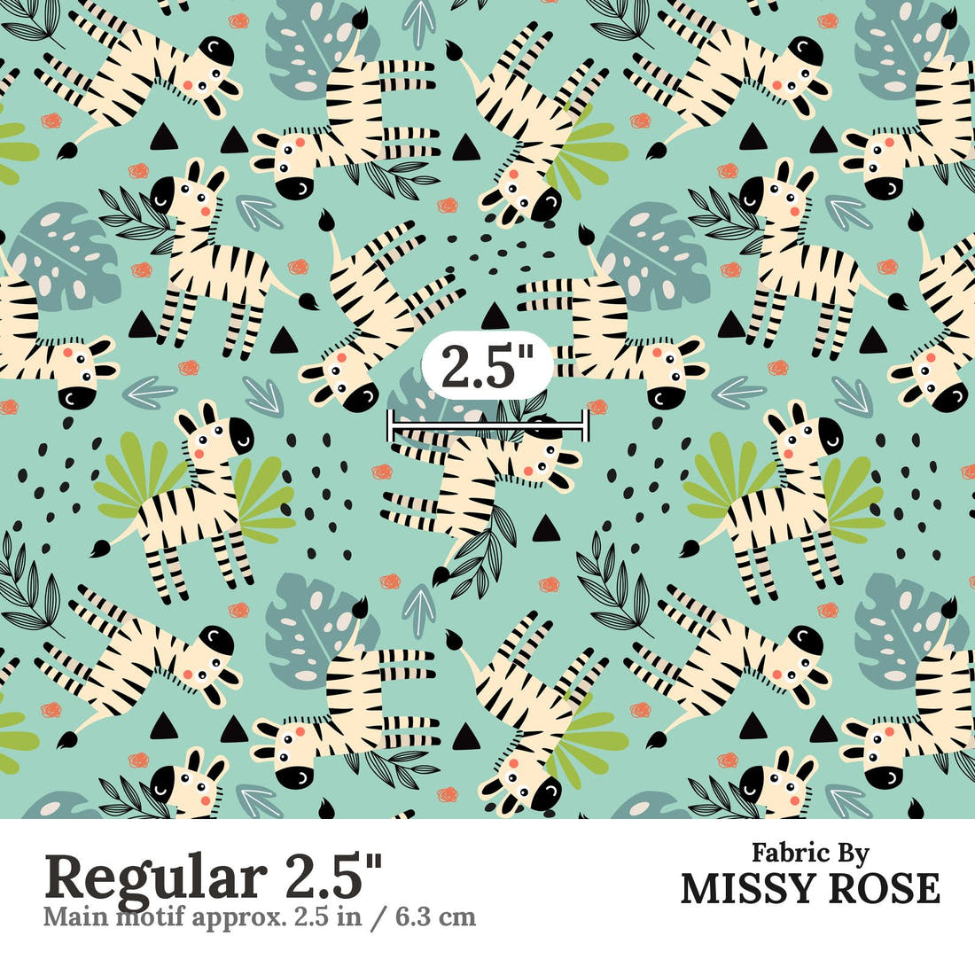 Design 621 Teal Zebra Fabric Regular 2.5" - print scale | Fabric by Missy Rose