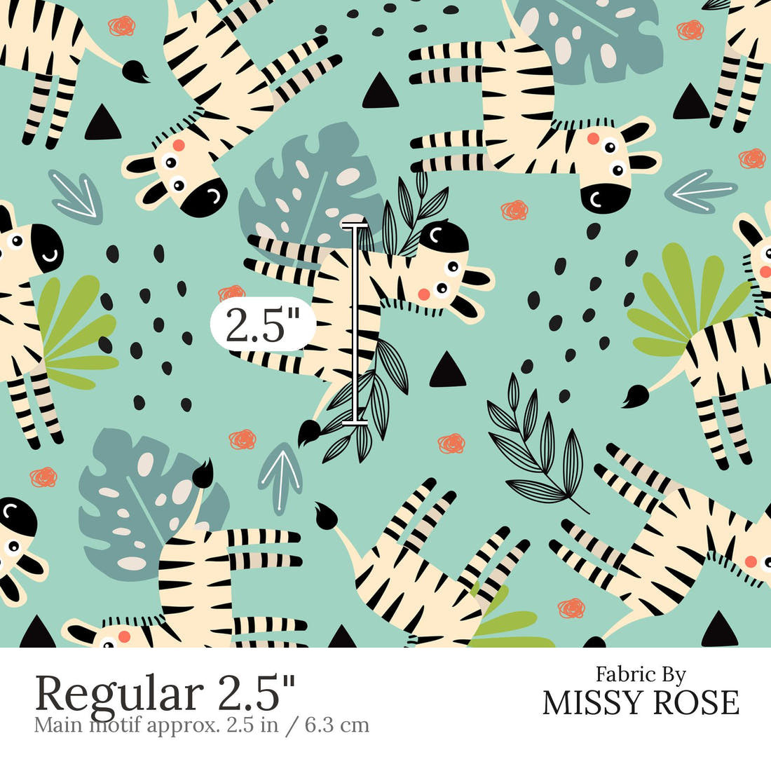 Design 621 Teal Zebra Fabric Regular 2.5 inch print scale guide | Fabric by Missy Rose