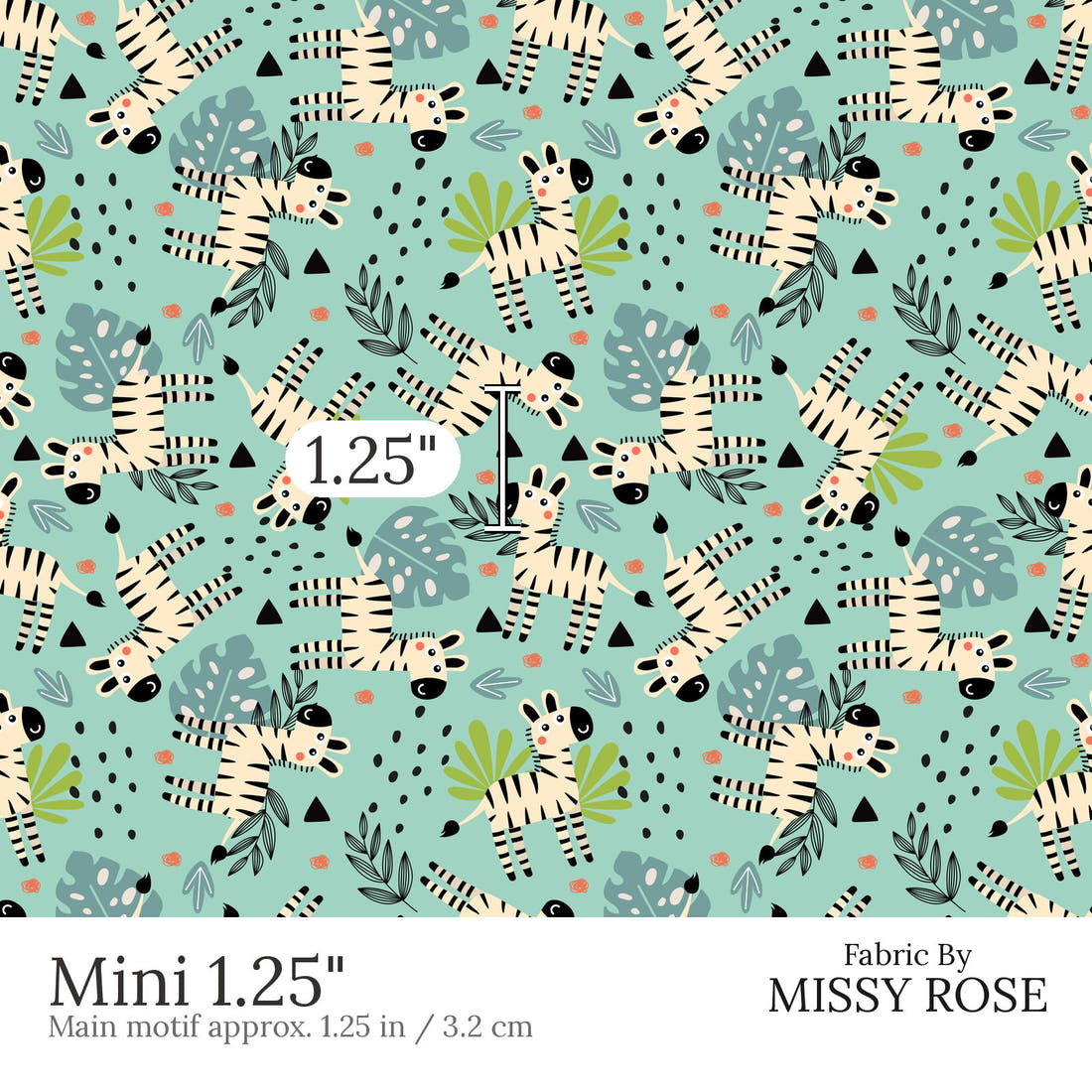 Design 621 Teal Zebra Fabric Mini 1.25 inch print scale guide | Fabric by Missy Rose