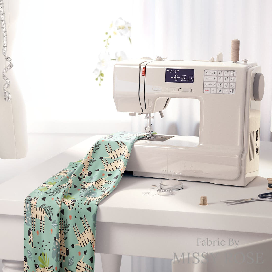 Design 621 Teal Zebra Fabric on a sewing machine – premium fabric for sewing projects | Fabric by Missy Rose
