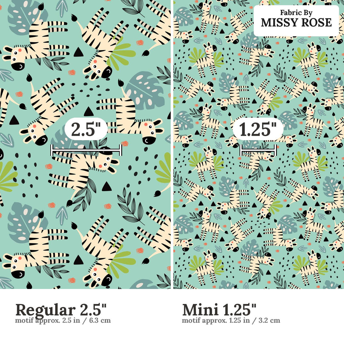 Design 621 Teal Zebra Fabric size comparison - print scale | Fabric by Missy Rose