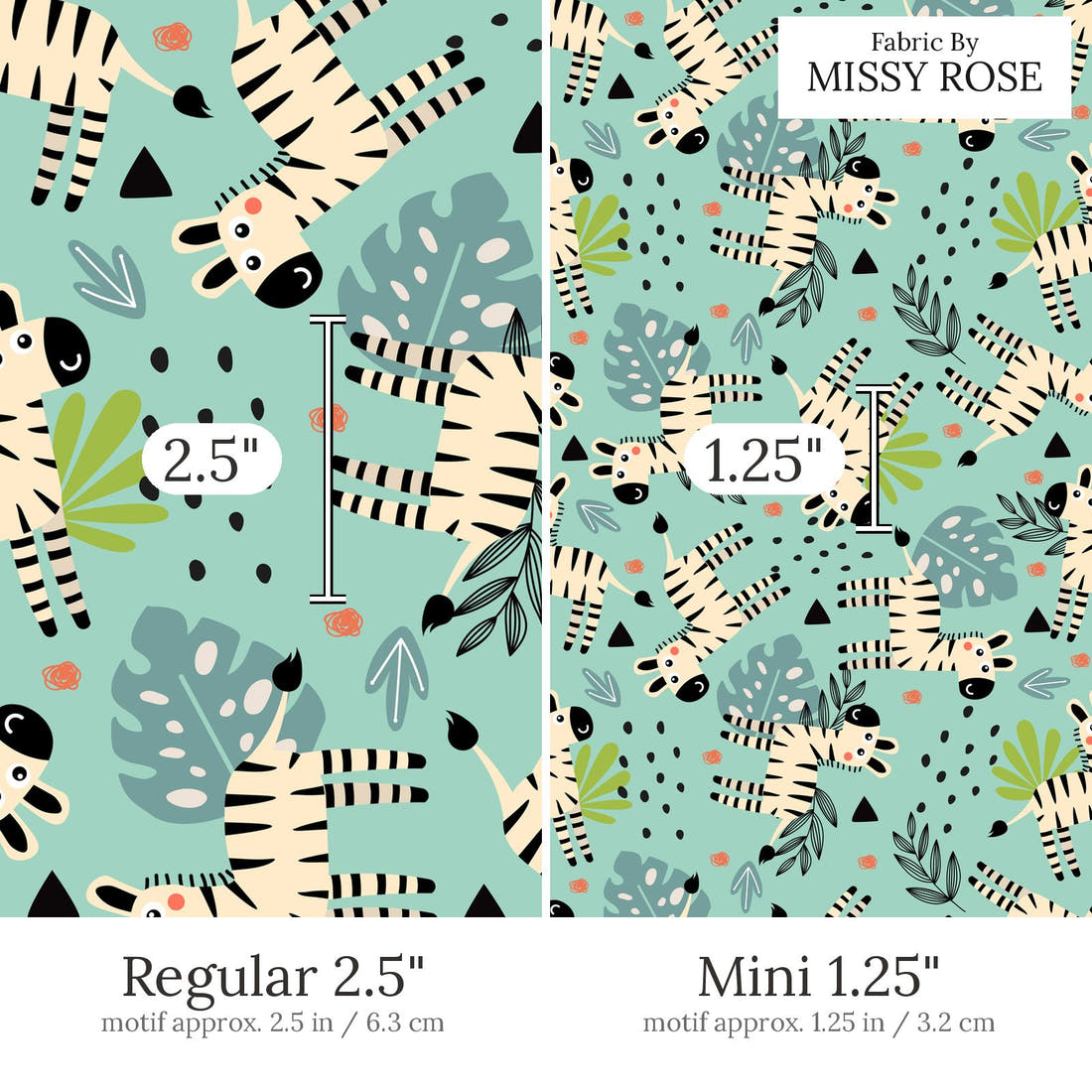 Design 621 Teal Zebra Fabric Regular 2.5 inch vs Mini 1.25 inch print scale side by side | Fabric by Missy Rose
