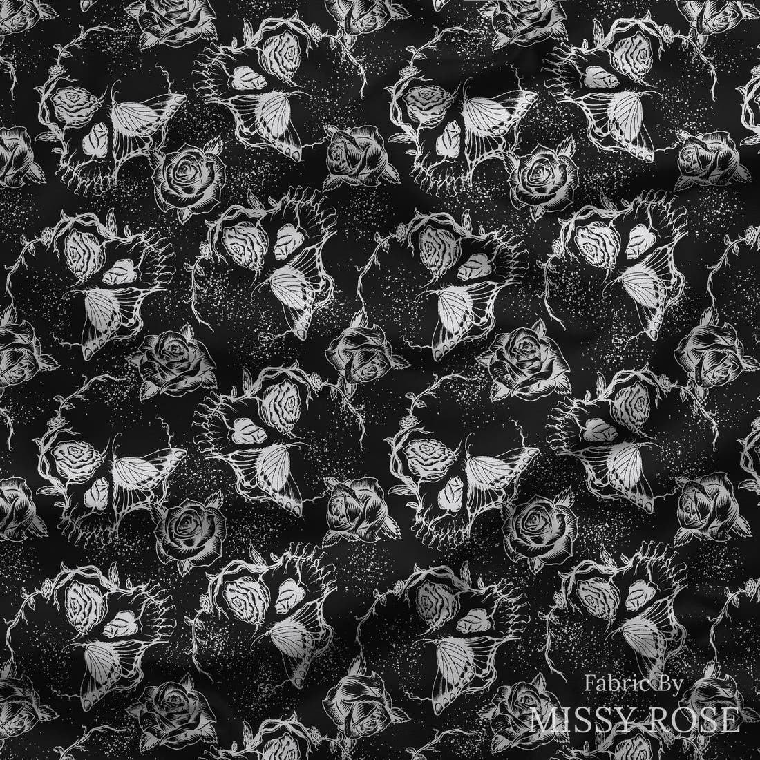 Design 622 Floral Skull Fabric draped fabric mockup – custom printed fabric by the metre | Fabric by Missy Rose