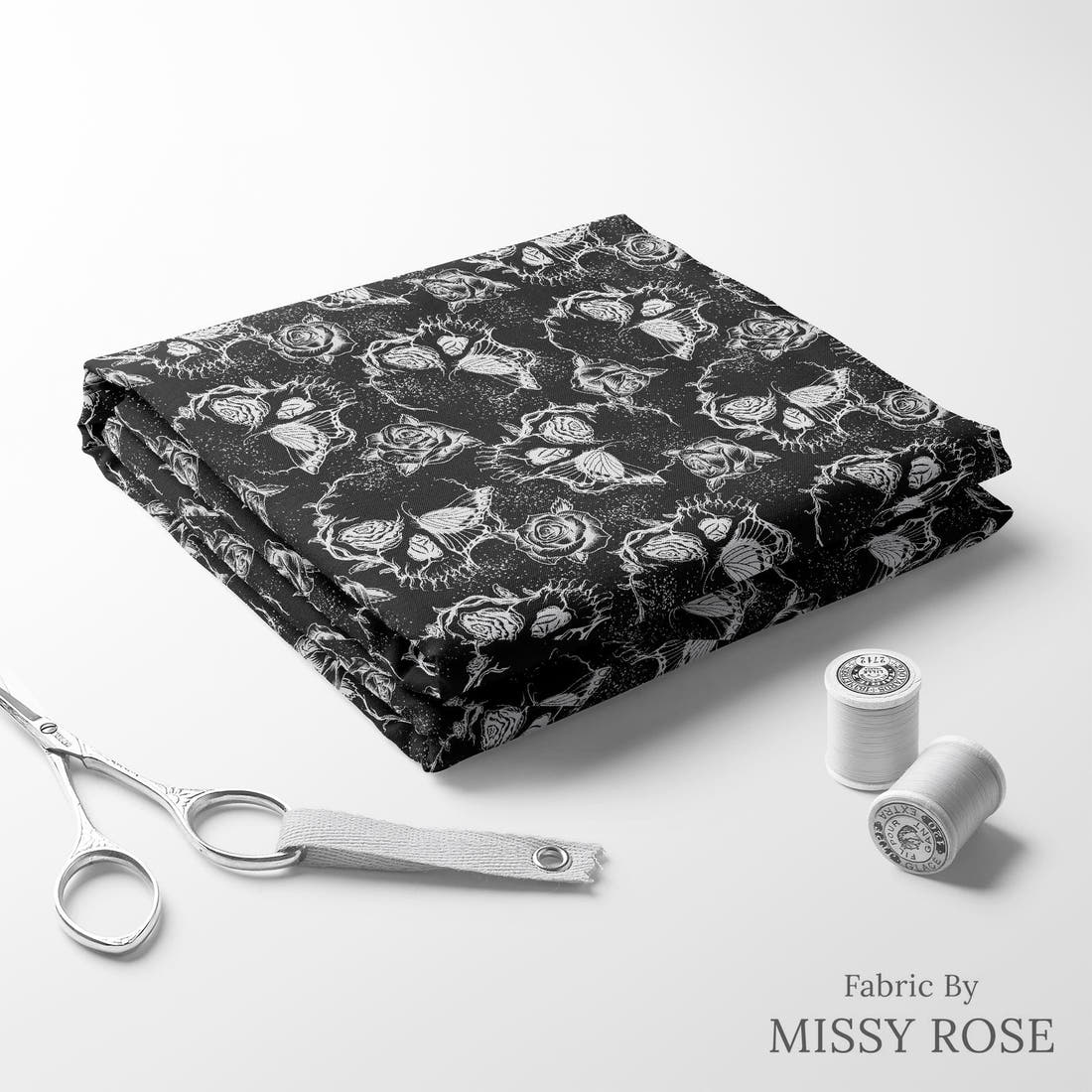 Design 622 Floral Skull Fabric folded fabric stack with matching thread – pre-order fabric Australia | Fabric by Missy Rose