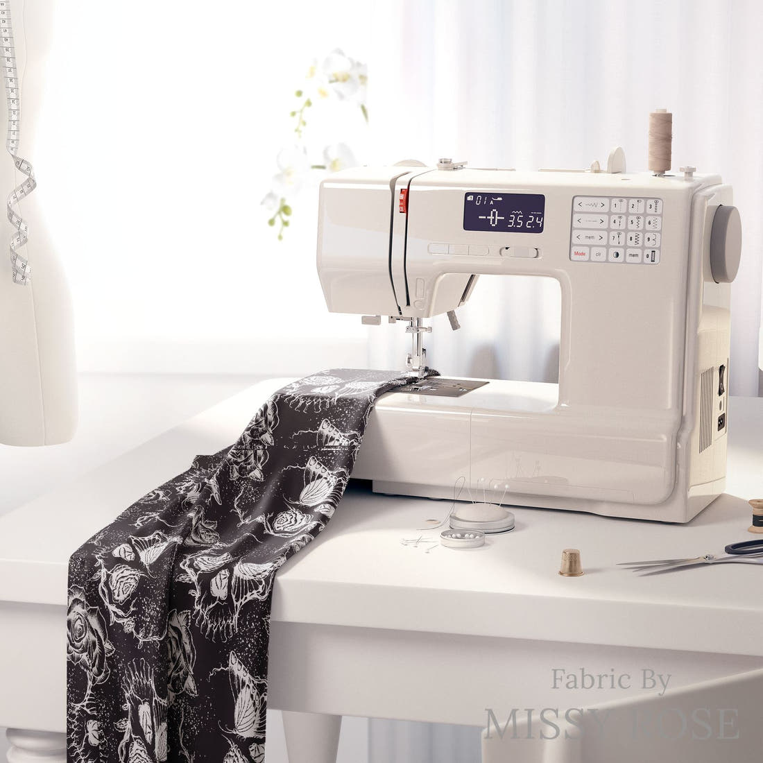Design 622 Floral Skull Fabric on a sewing machine – premium fabric for sewing projects | Fabric by Missy Rose