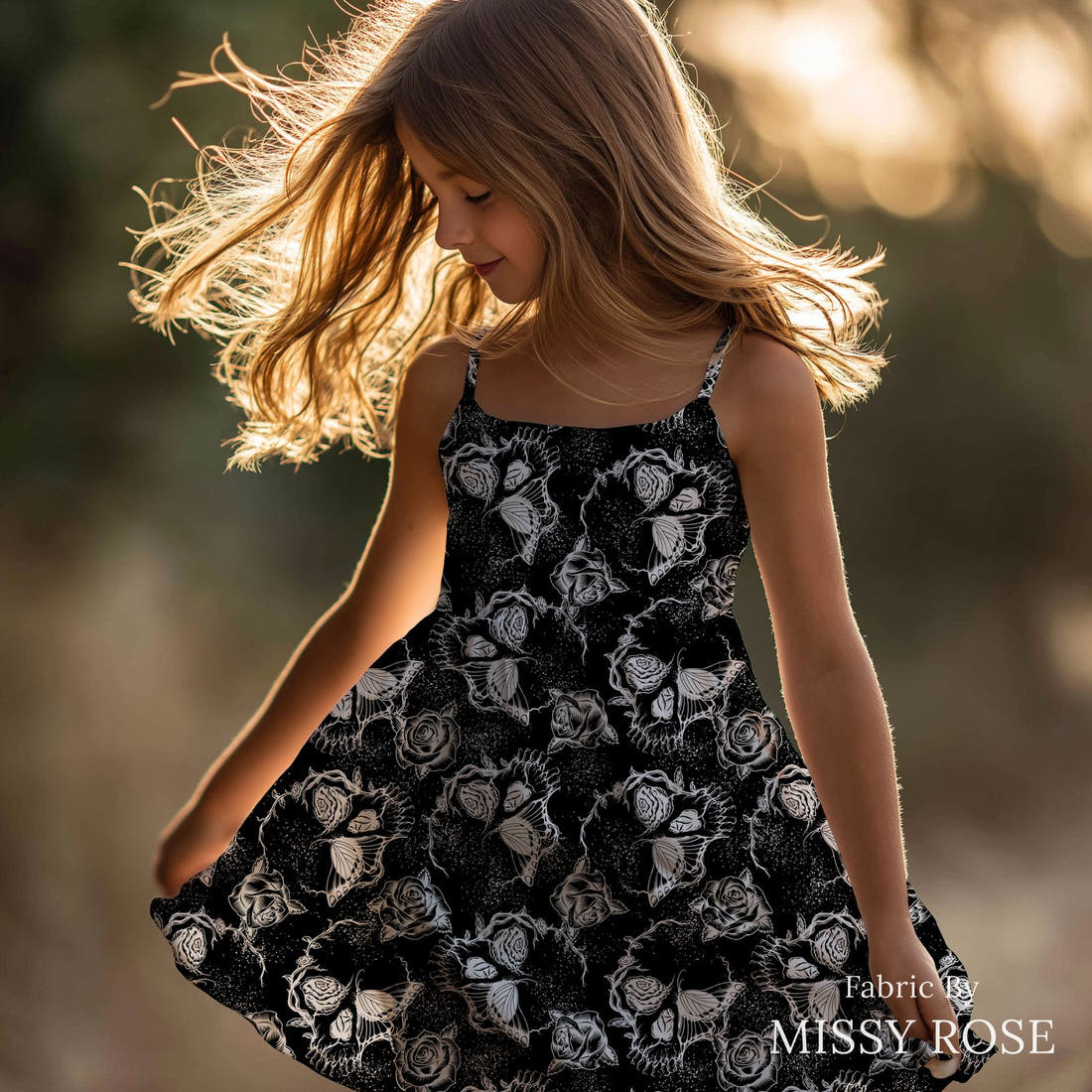 Design 622 Floral Skull Fabric sewn into a girls' dress – see how the print looks made up | Fabric by Missy Rose