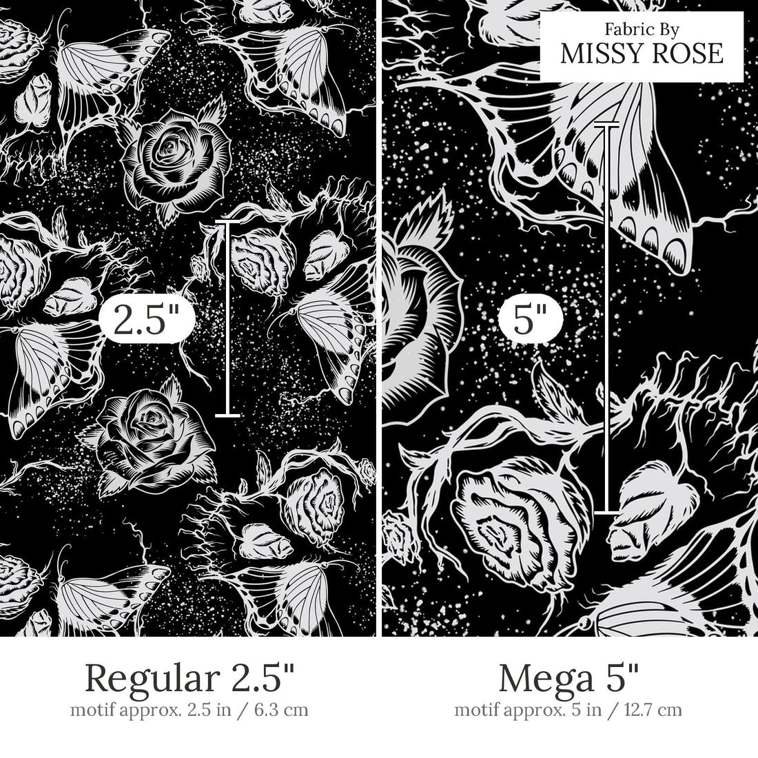 Design 622 Floral Skull Fabric Regular 2.5 inch vs Mega 5 inch print scale side by side | Fabric by Missy Rose