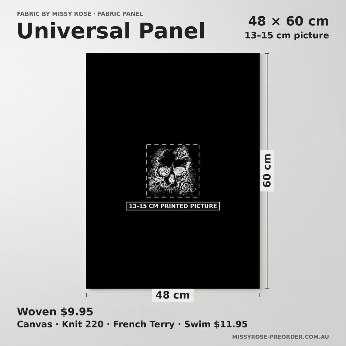 Design 622 Floral Skull Panel universal panel sizing – 13–15 cm printed picture on 48 × 60 cm fabric | Fabric by Missy Rose