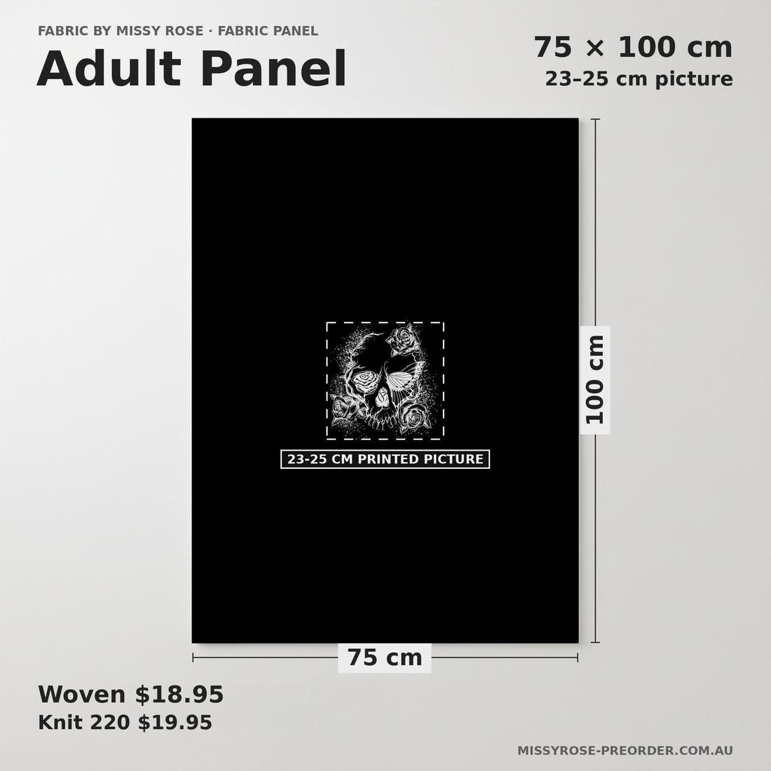 Design 622 Floral Skull Panel adult panel sizing – 23–25 cm printed picture on 75 × 100 cm fabric | Fabric by Missy Rose