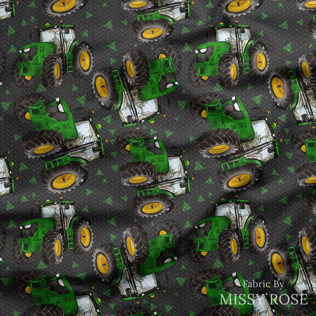 Design 623 Tractor Fabric draped fabric mockup – custom printed fabric by the metre | Fabric by Missy Rose