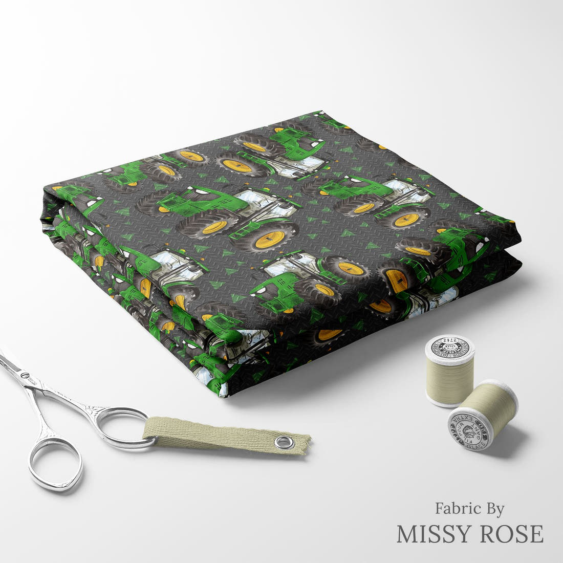 Design 623 Tractor Fabric folded fabric stack with matching thread – pre-order fabric Australia | Fabric by Missy Rose