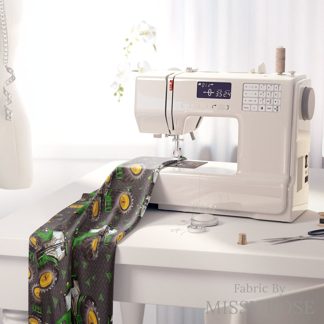 Design 623 Tractor Fabric on a sewing machine – premium fabric for sewing projects | Fabric by Missy Rose