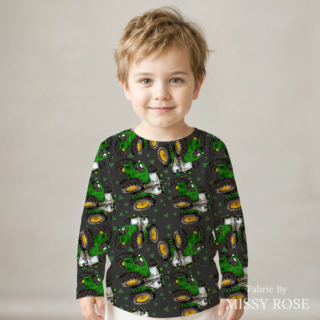 Design 623 Tractor Fabric sewn into a kids' long sleeve top – see how the print looks made up | Fabric by Missy Rose