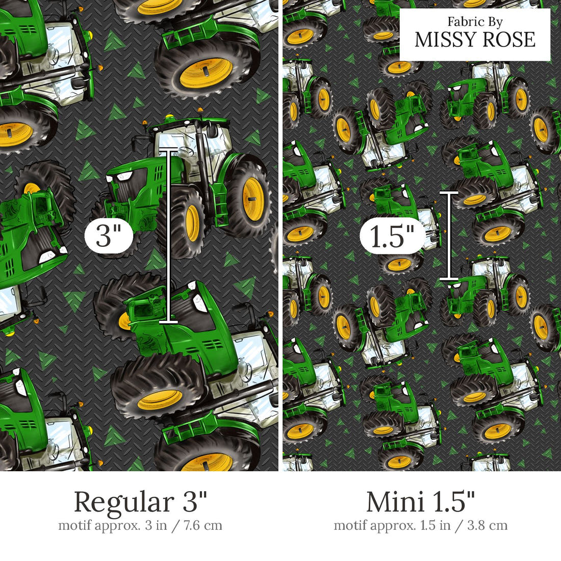 Design 623 Tractor Fabric Regular 3 inch vs Mini 1.5 inch print scale side by side | Fabric by Missy Rose