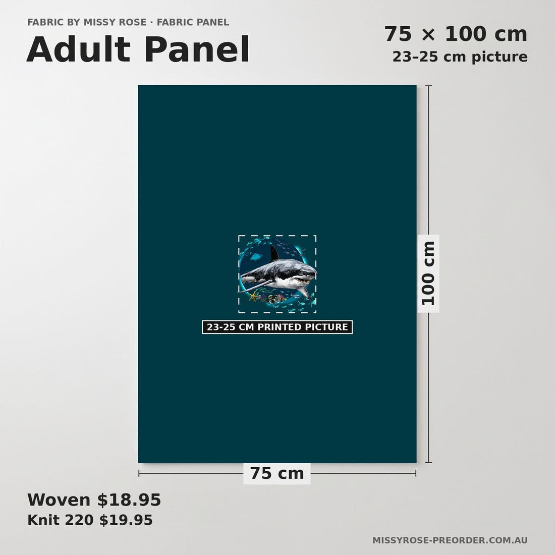 Design 624 Shark Panel adult panel sizing – 23–25 cm printed picture on 75 × 100 cm fabric | Fabric by Missy Rose