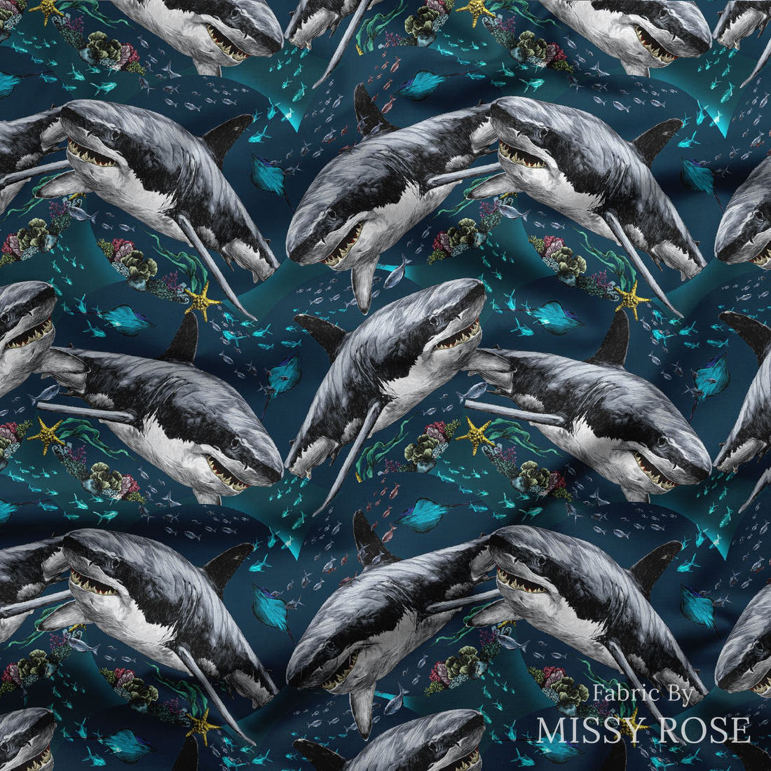 Design 624 Shark Fabric draped fabric mockup – custom printed fabric by the metre | Fabric by Missy Rose