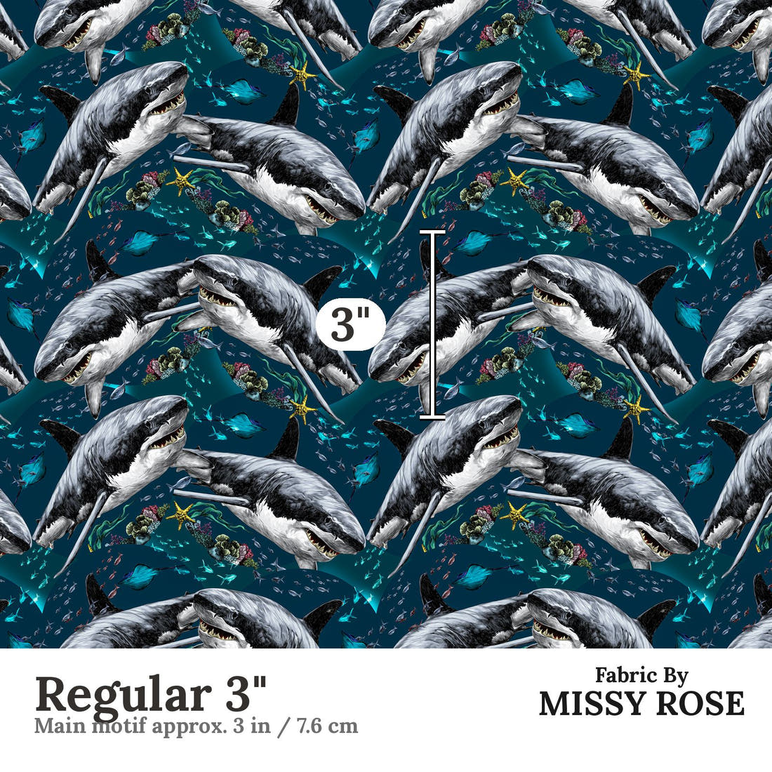 Design 624 Shark Fabric Regular 3" - print scale | Fabric by Missy Rose