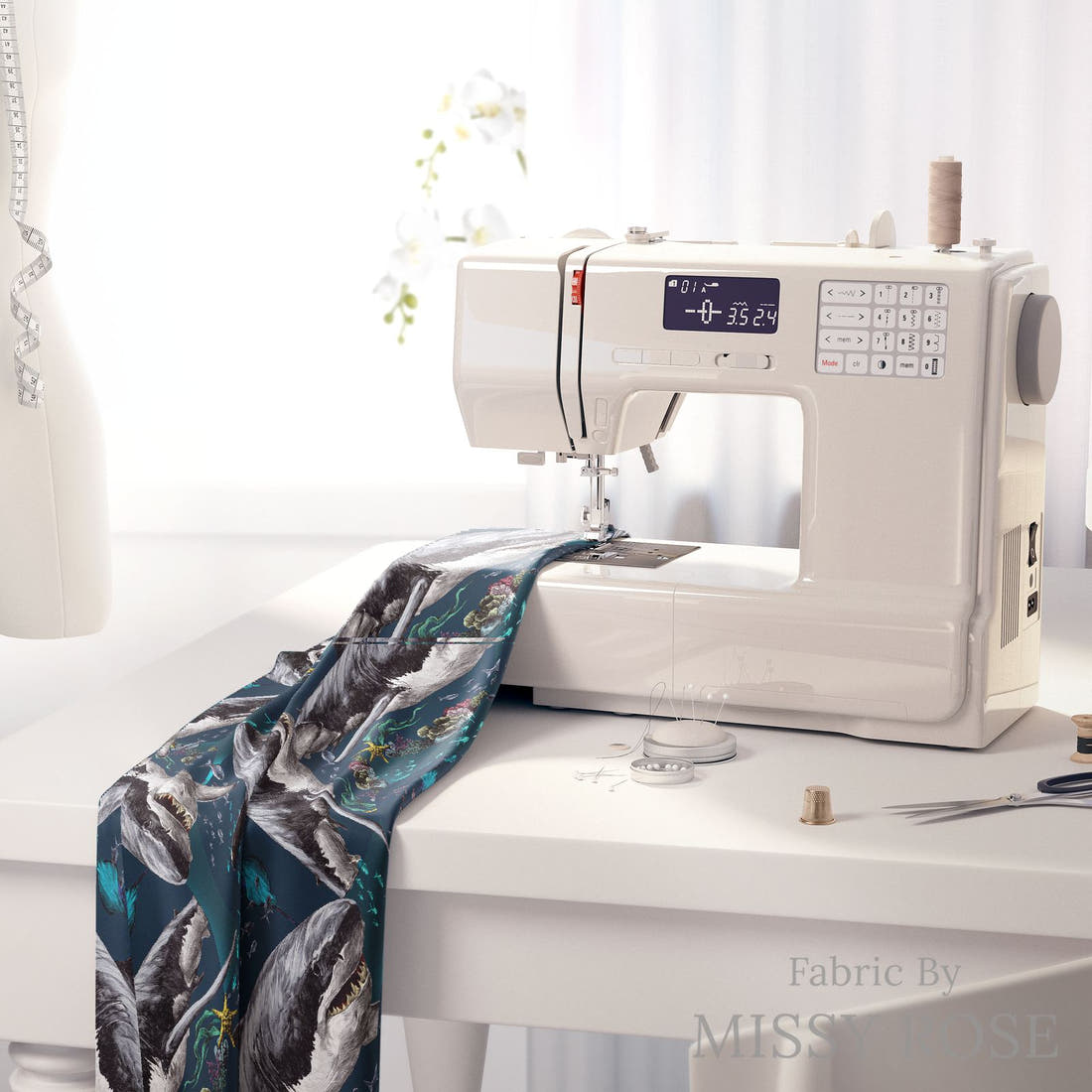Design 624 Shark Fabric on a sewing machine – premium fabric for sewing projects | Fabric by Missy Rose
