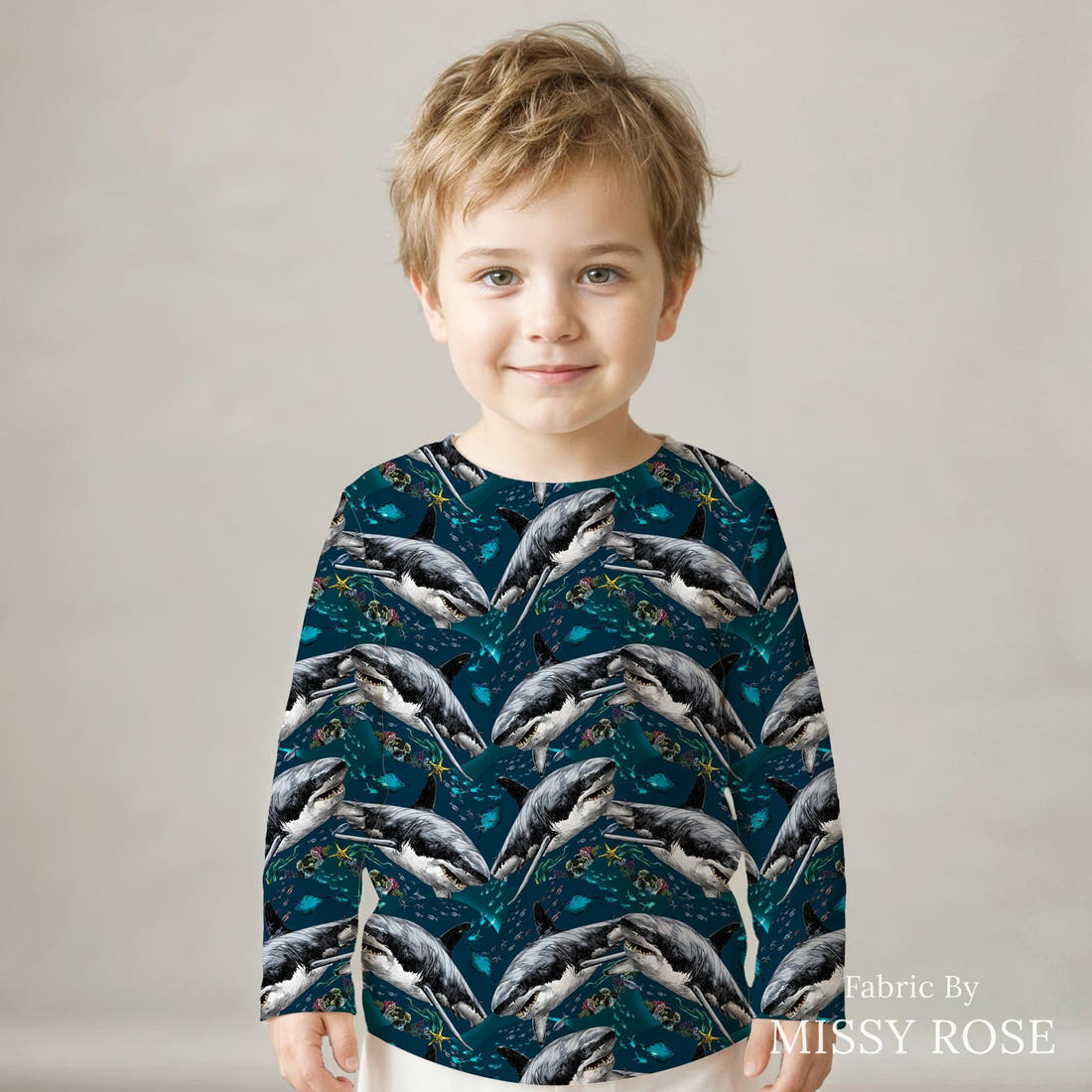 Design 624 Shark Fabric sewn into a kids' long sleeve top – see how the print looks made up | Fabric by Missy Rose
