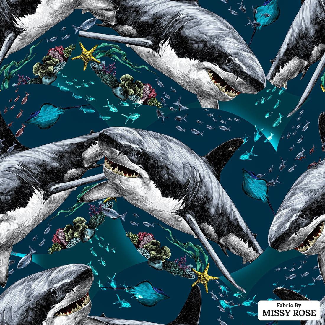 Design 624 Shark Fabric - flat view of the print, zoom in for detail | Fabric by Missy Rose