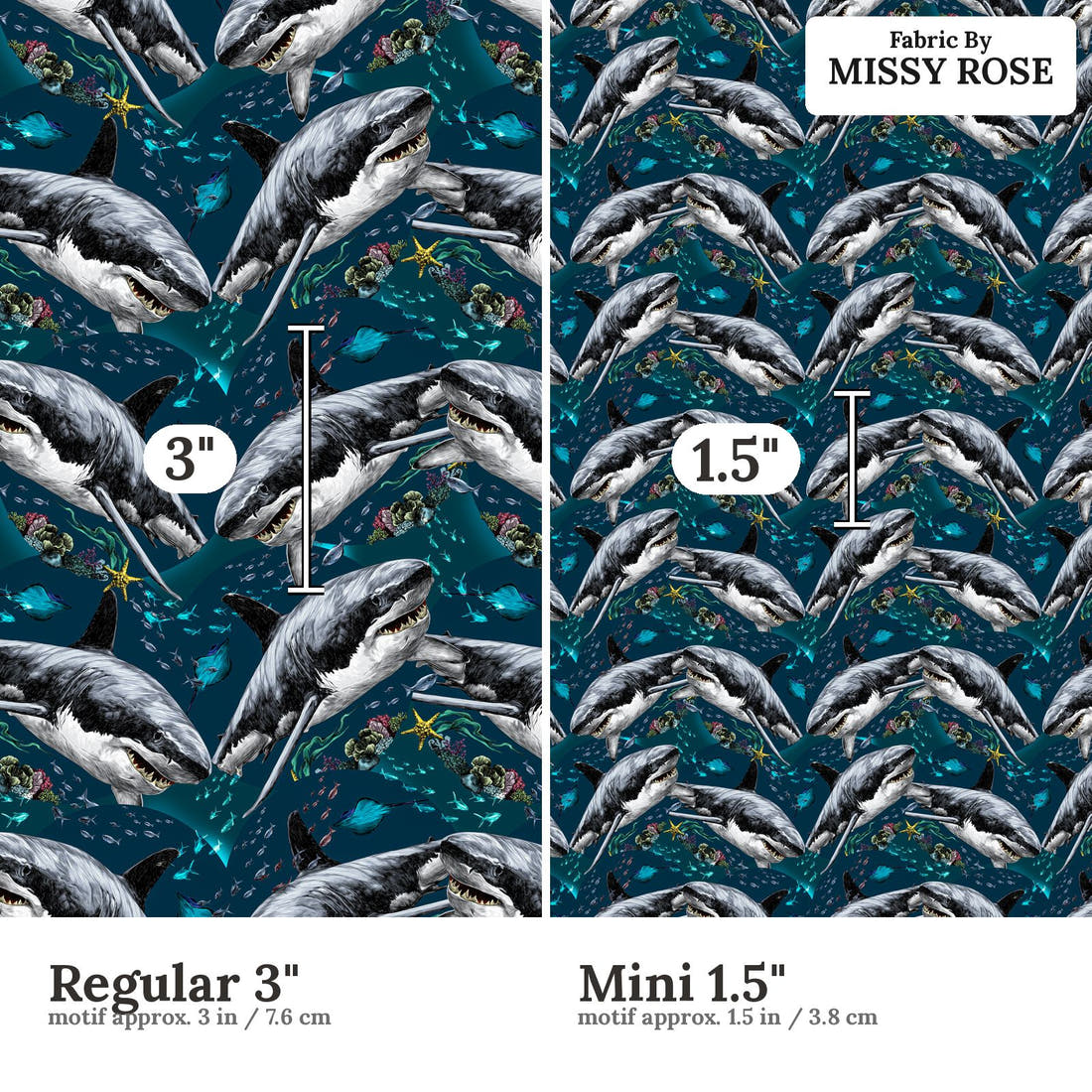 Design 624 Shark Fabric size comparison - print scale | Fabric by Missy Rose