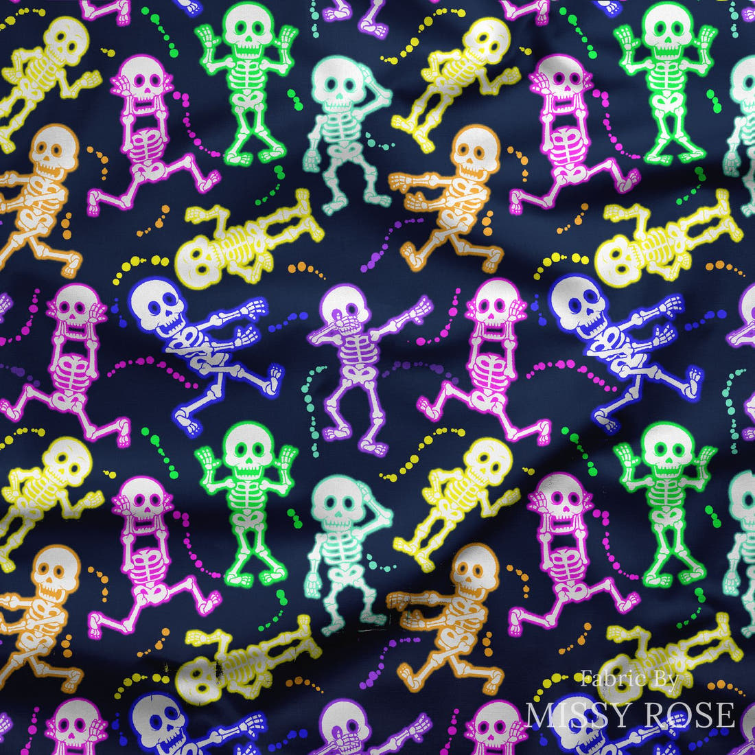 Design 625 Neon Skeleton Fabric draped fabric mockup – custom printed fabric by the metre | Fabric by Missy Rose