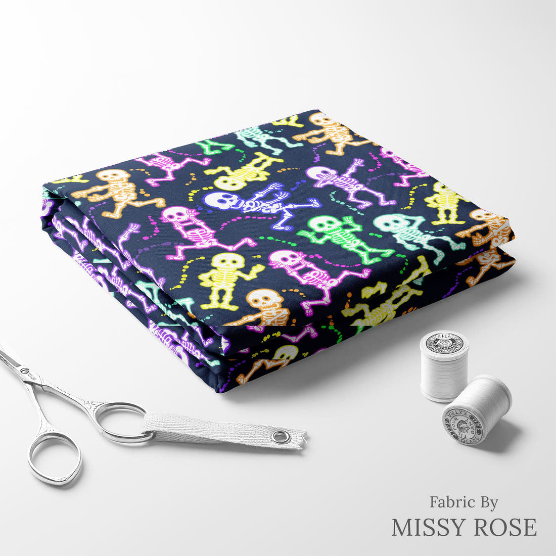 Design 625 Neon Skeleton Fabric folded fabric stack with matching thread – pre-order fabric Australia | Fabric by Missy Rose
