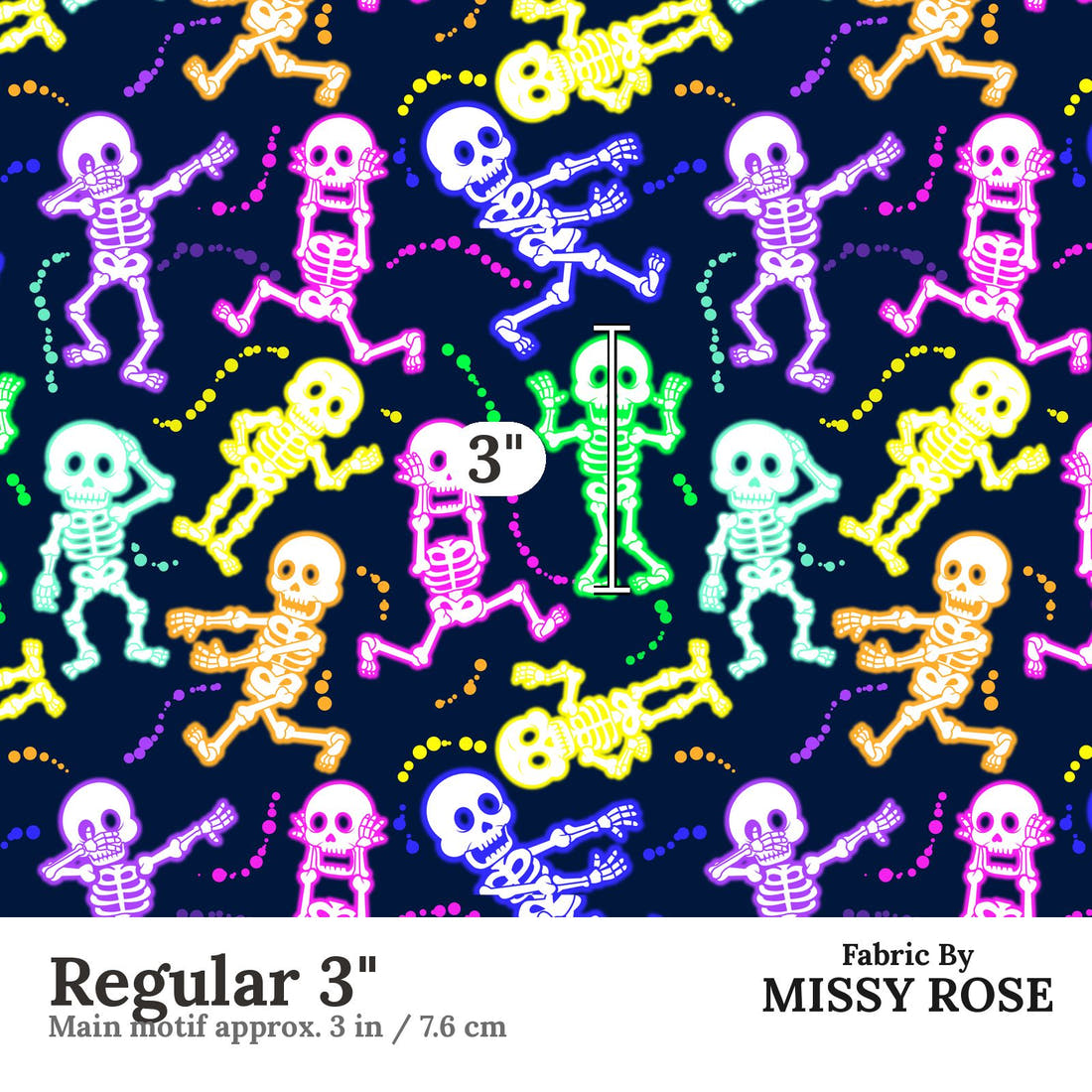 Design 625 Neon Skeleton Fabric Regular 3" - print scale | Fabric by Missy Rose