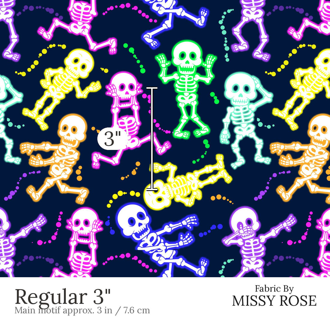 Design 625 Neon Skeleton Fabric Regular 3 inch print scale guide | Fabric by Missy Rose