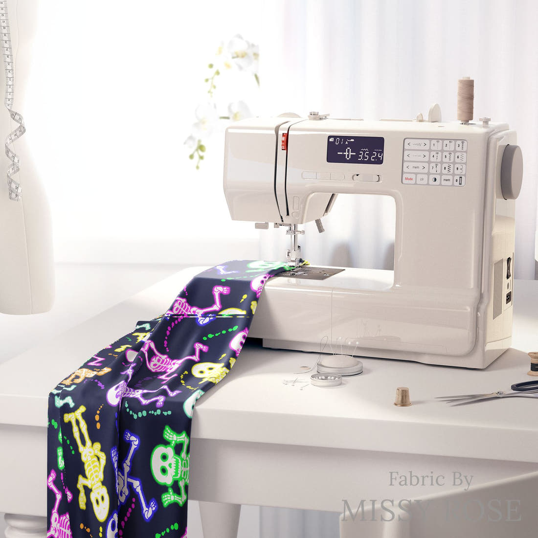 Design 625 Neon Skeleton Fabric on a sewing machine – premium fabric for sewing projects | Fabric by Missy Rose